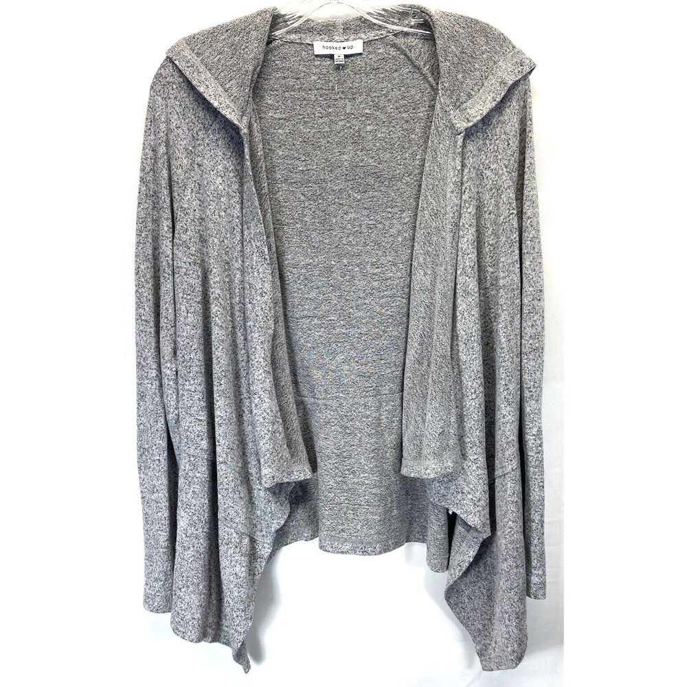 Hooked Up Gray Long Sleeve Cardigan Sweater Open Front Hooded Medium RN73352